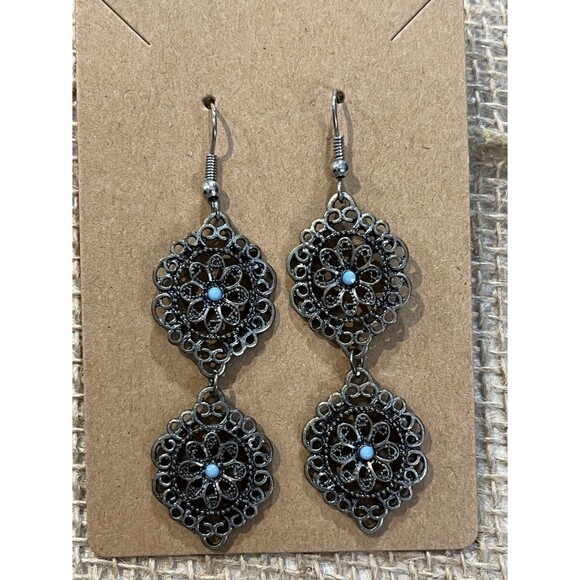 Vintage Antique Silver Dangle Drop Earrings Victorian Revival - Picture 1 of 6